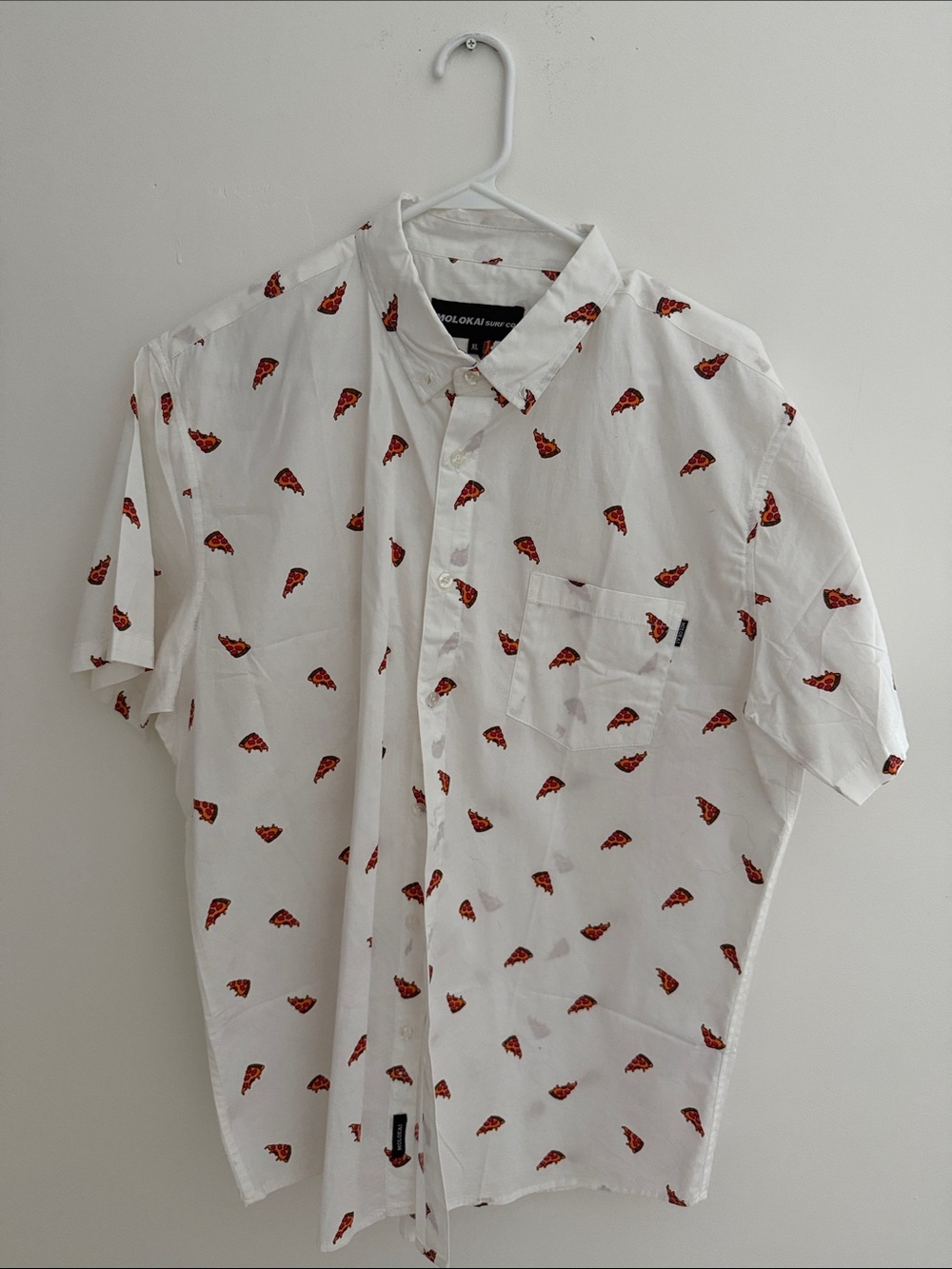 🍕White Short-Sleeve Button-Up Shirt with- Pizza Print